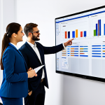 A diverse team of professional colleagues, fully clothed in modest business attire, gathered around a large interactive screen displaying a clear, modern project management dashboard. The screen shows a vibrant Gantt chart and a detailed Kanban board, with various tasks and dependencies clearly visible. They are engaged in a collaborative discussion, with one person pointing towards a specific area on the screen, indicating shared understanding and alignment. The office environment is bright and organized. Perfect anatomy, correct proportions, natural pose, well-formed hands, proper finger count, professional photography, high quality, safe for work, appropriate content, family-friendly.