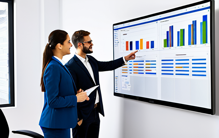 A diverse team of professional colleagues, fully clothed in modest business attire, gathered around a large interactive screen displaying a clear, modern project management dashboard. The screen shows a vibrant Gantt chart and a detailed Kanban board, with various tasks and dependencies clearly visible. They are engaged in a collaborative discussion, with one person pointing towards a specific area on the screen, indicating shared understanding and alignment. The office environment is bright and organized. Perfect anatomy, correct proportions, natural pose, well-formed hands, proper finger count, professional photography, high quality, safe for work, appropriate content, family-friendly.