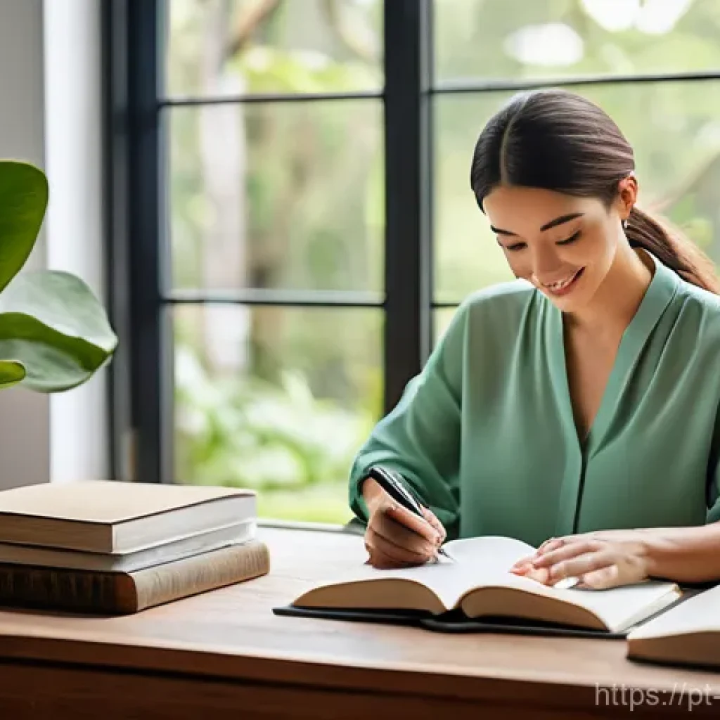 시각화를 통한 개인 목표 달성 전략 - **Prompt:** A serene and inspiring home office bathed in soft, natural light, with large windows ove...