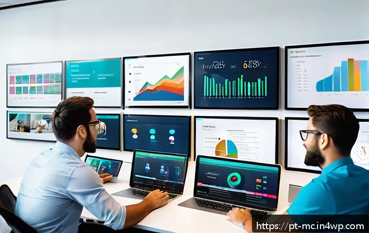 시각화 도구 사용법에 대한 종합 가이드 - A modern office workspace scene featuring a diverse team of professionals collaborating on data visu...