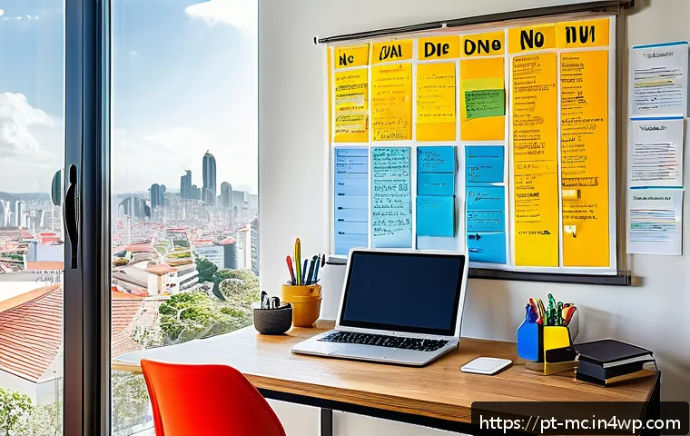 목표 달성을 위한 비주얼 플래닝 기법 - A cozy home office scene in a modern Brazilian apartment, featuring a large whiteboard filled with c...