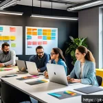 Home 20 진행 시각화와 애자일 방법론의 융합 - A modern agile workspace with a diverse team of professionals collaborating around a large digital K...