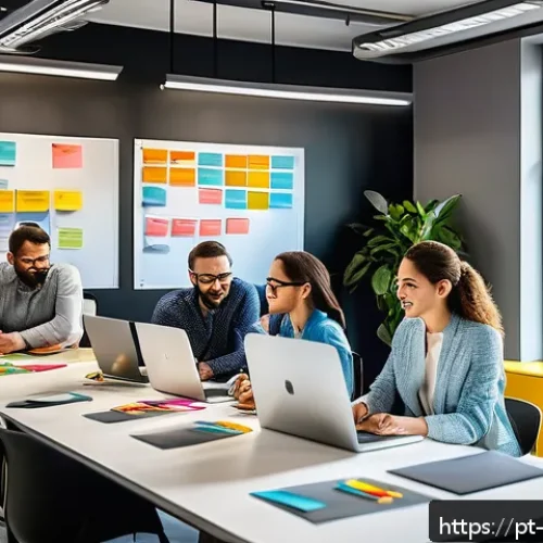 Home 32 진행 시각화와 애자일 방법론의 융합 - A modern agile workspace with a diverse team of professionals collaborating around a large digital K...