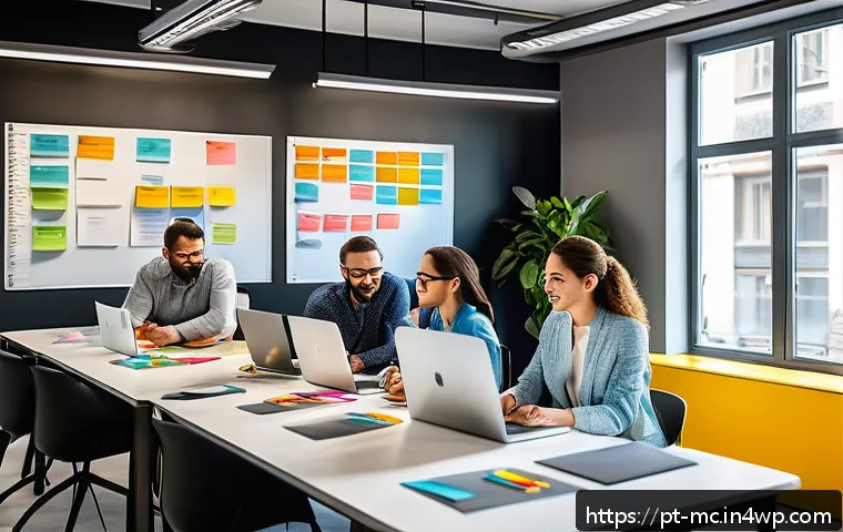 진행 시각화와 애자일 방법론의 융합 - A modern agile workspace with a diverse team of professionals collaborating around a large digital K...
