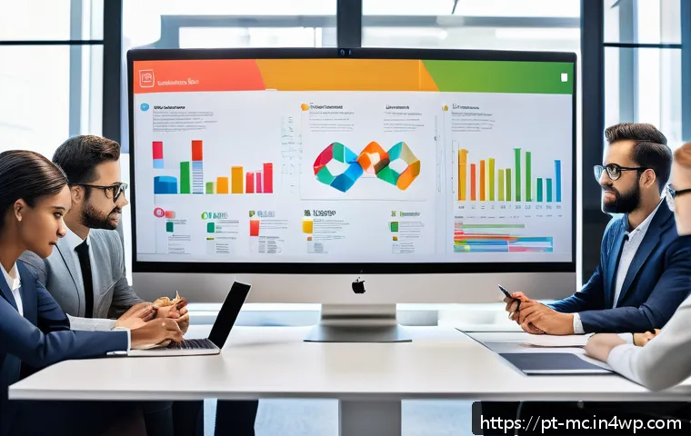 진행 시각화의 성공적인 활용 팁 - A modern office scene showing a diverse team of professionals collaborating around a large digital s...