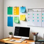Home 23 목표 달성 시각화 체크리스트 - A bright and colorful home office scene featuring a large whiteboard Kanban board on the wall divide...
