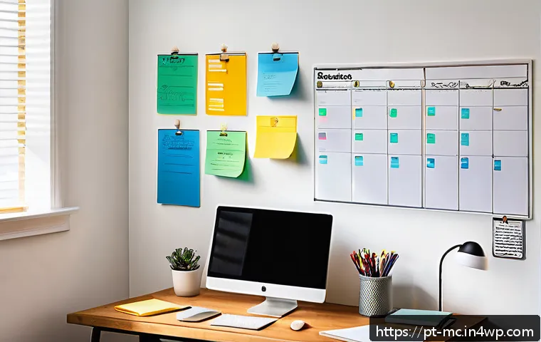 목표 달성 시각화 체크리스트 - A bright and colorful home office scene featuring a large whiteboard Kanban board on the wall divide...